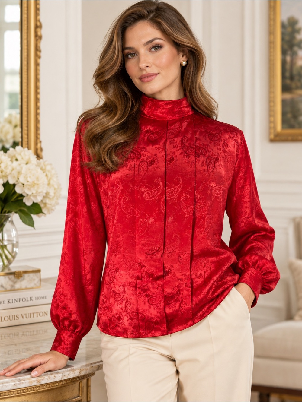 Vintage NICOLA Red Paisley Satin Jacquard Mock Neck Blouse Size 10
